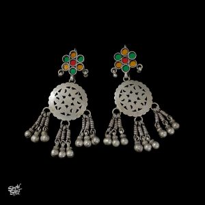 Multi Color Glass Silver Hooks with Jaali & Ghungroos
