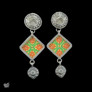Silver Flower Studs with Hand Painted Glass