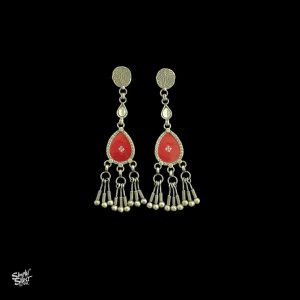 Silver Peacock Studs with White Kundan & Hand Painted Red Color Glass