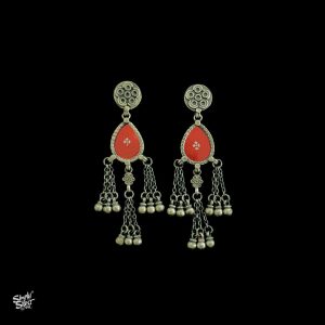 Silver Flower Studs with Hand Painted Orange Glass & Siver Chains
