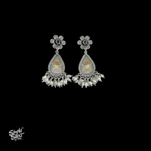 Ruby Colored Stone Silver Studs with Handpainted Ganesh Jee & Pearls