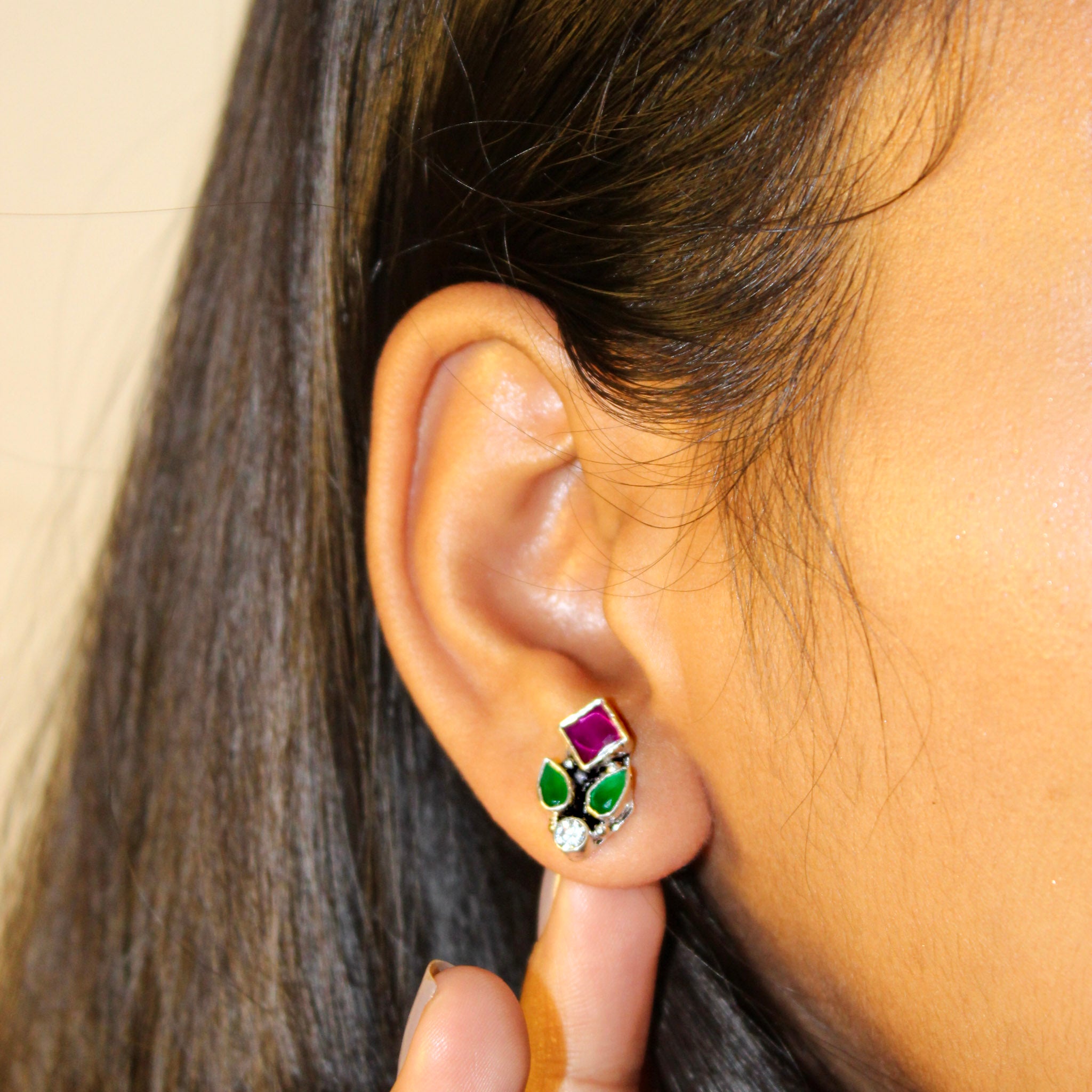 Aadhya Ruby Green Leaf Studs - Image 2