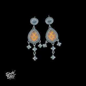 Silver Round Hooks With Orange Color Hand Painted Glass & Flower Danglers