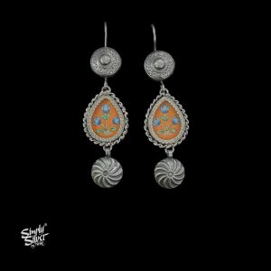 Silver Flower Hooks with Hand Painted Orange Glass & Dangler
